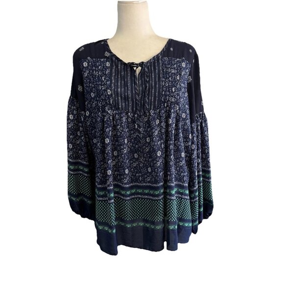 Gap Mix Print Pintuck Long Sleeve Tops Size Large Paisley Navy & Green Flowy - Picture 1 of 12